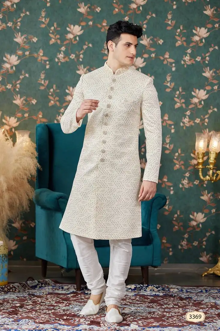 Cream computer thread work on art silk sherwani with faux satin pajama for mens