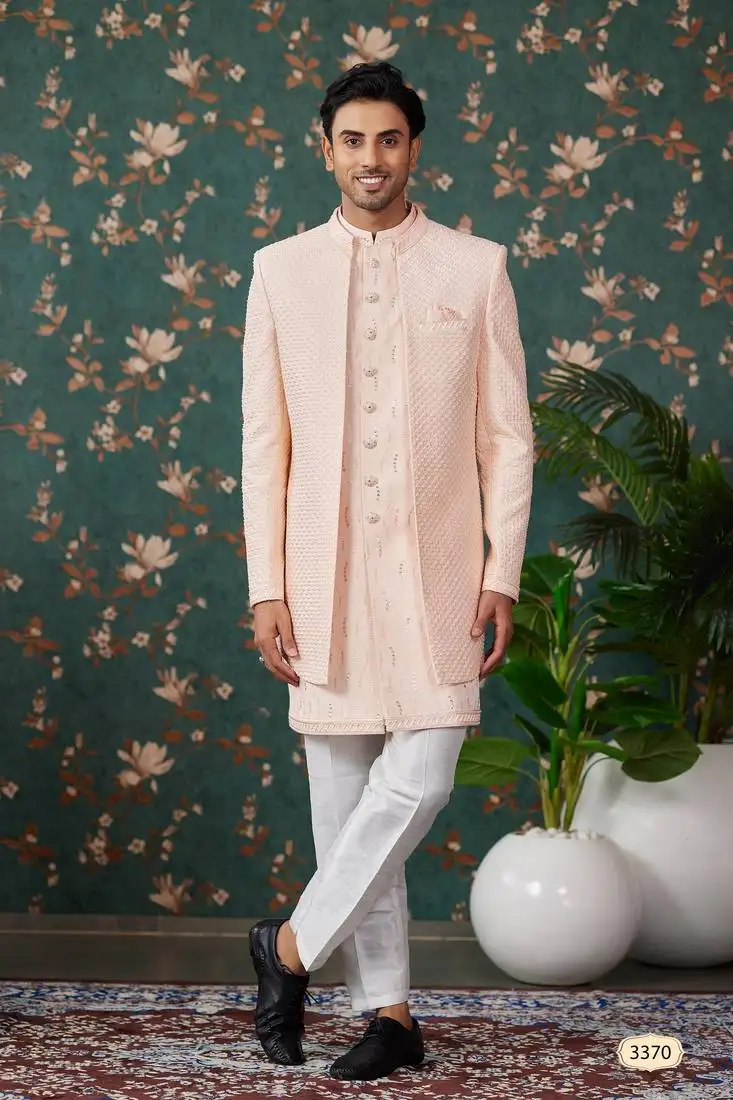 Peach computer thread work on art silk 3 piece indo western with faux satin for mens