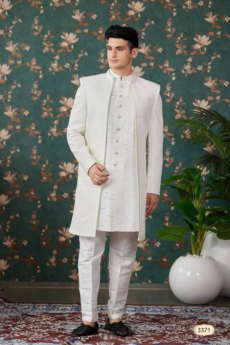 Off white computer thread work on art silk 3 piece indo western with faux satin for mens