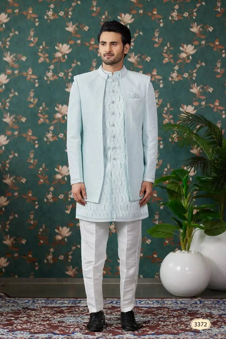 Light blue computer thread work on art silk 3 piece indo western with faux satin for mens