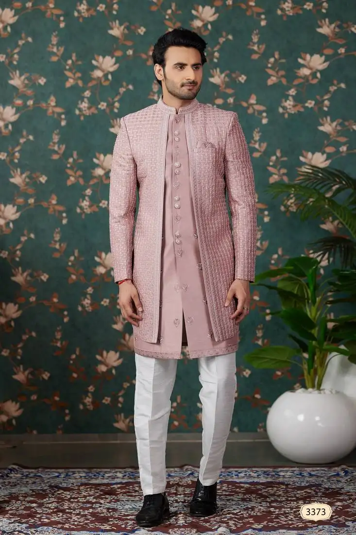 Light pink computer thread work on art silk 3 piece indo western with faux satin for mens