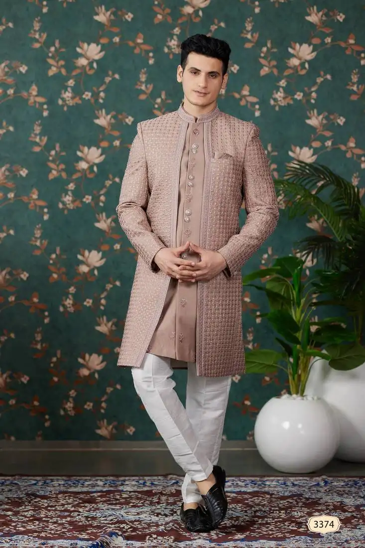 Light brown computer thread work on art silk 3 piece indo western with faux satin for mens