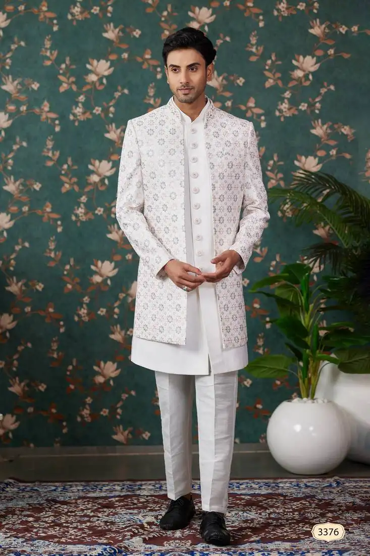 White computer thread work on art silk 3 piece indo western with faux satin for mens