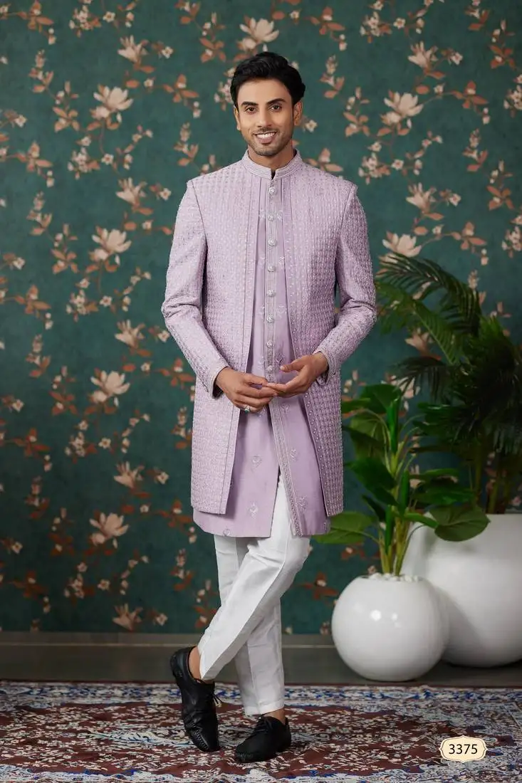 Light purple computer thread work on art silk 3 piece indo western with faux satin for kids