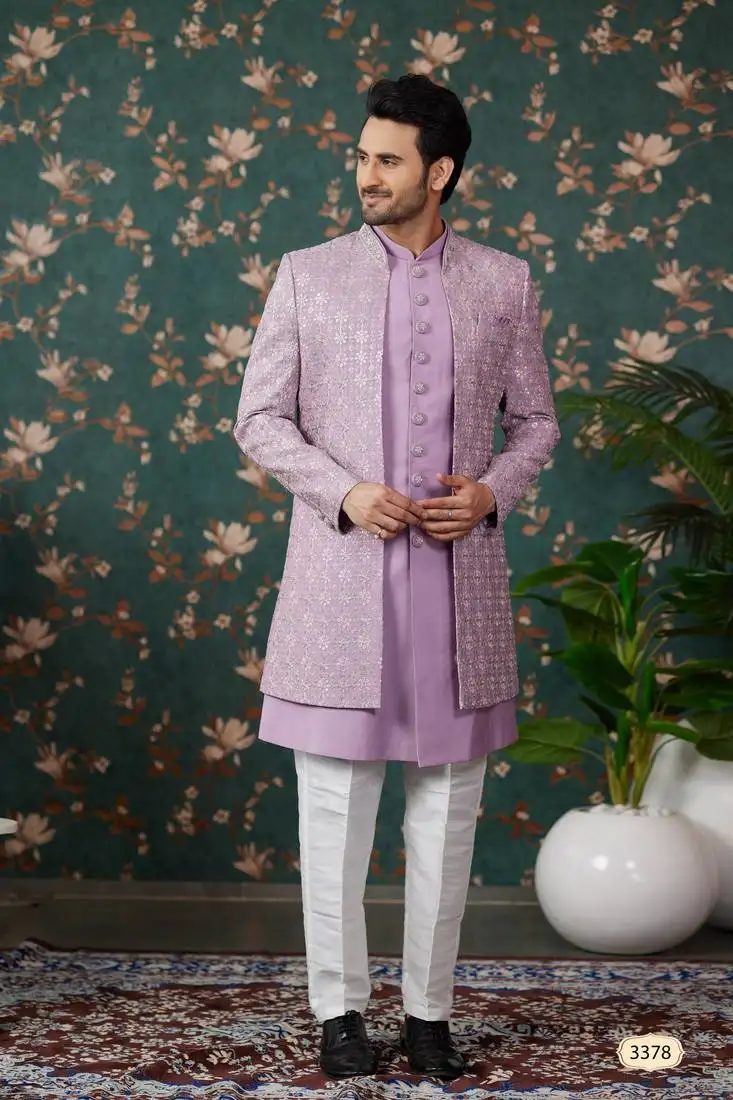 Light purple computer thread work on art silk 3 piece indo western with faux satin for mens