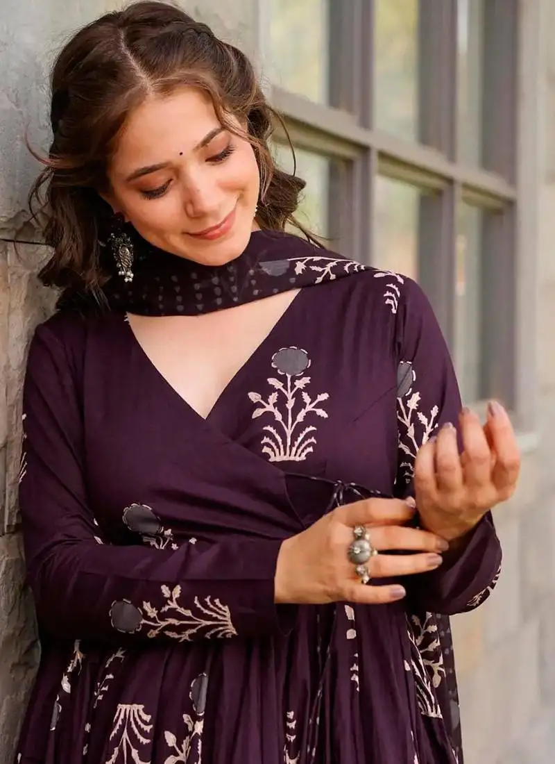 Dark purple printed muslin palazzo suits stitched