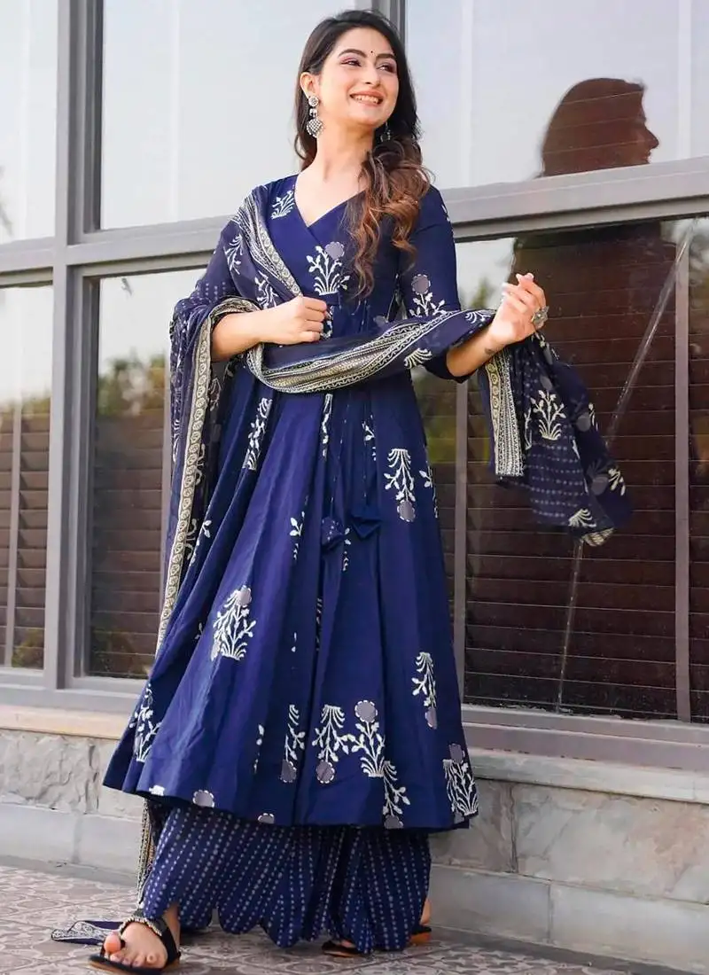 Navy blue printed muslin palazzo suits stitched