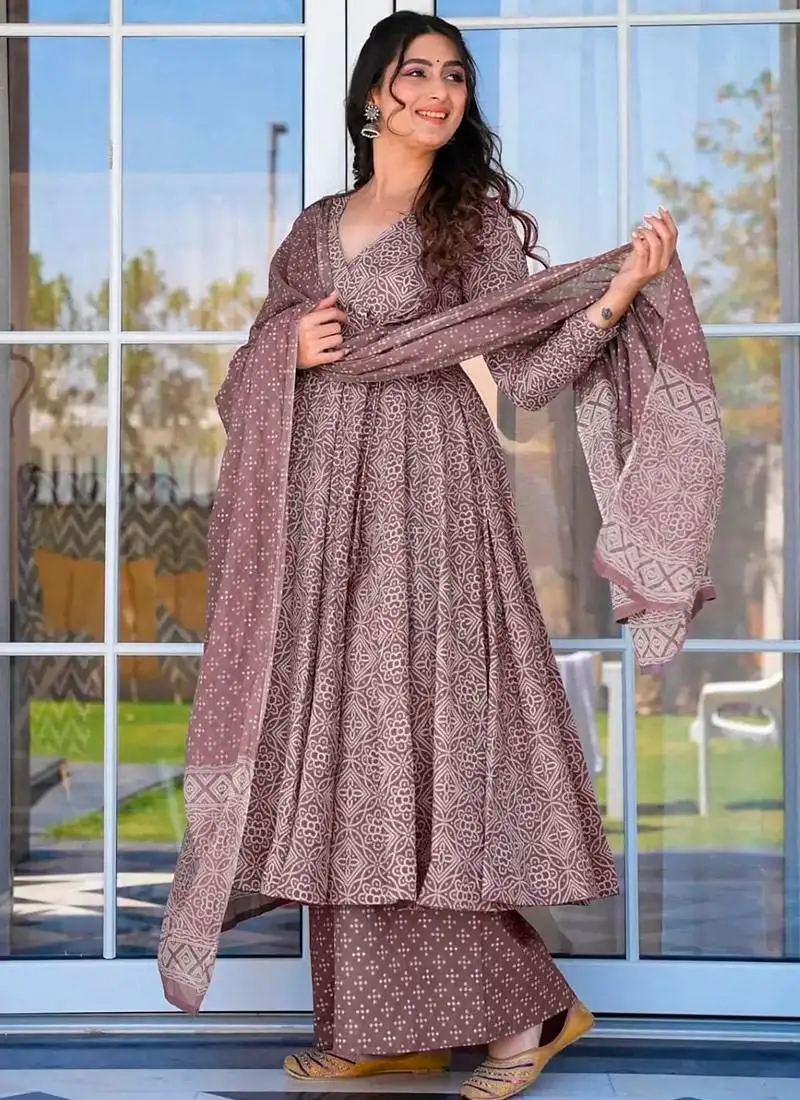 mauve printed muslin palazzo suits stitched
