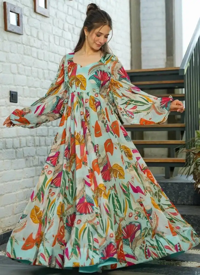 Pista green printed chinon gown stitched