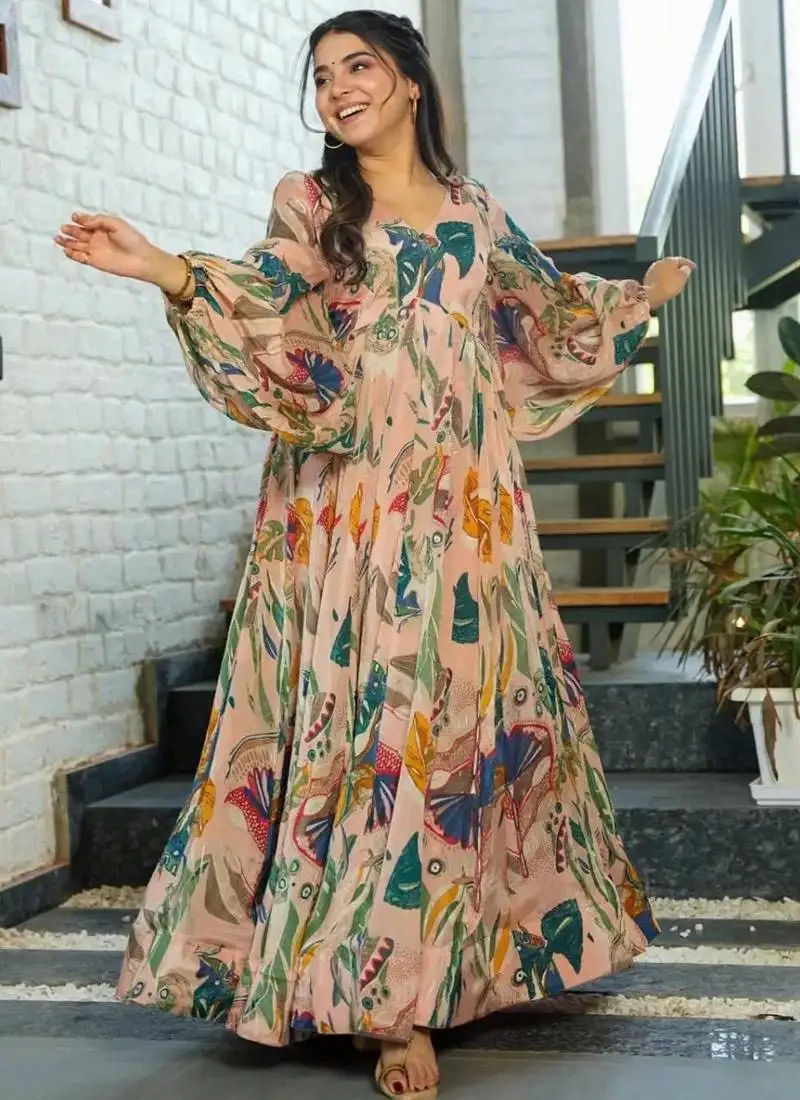 Pastel peach printed chinon gown stitched