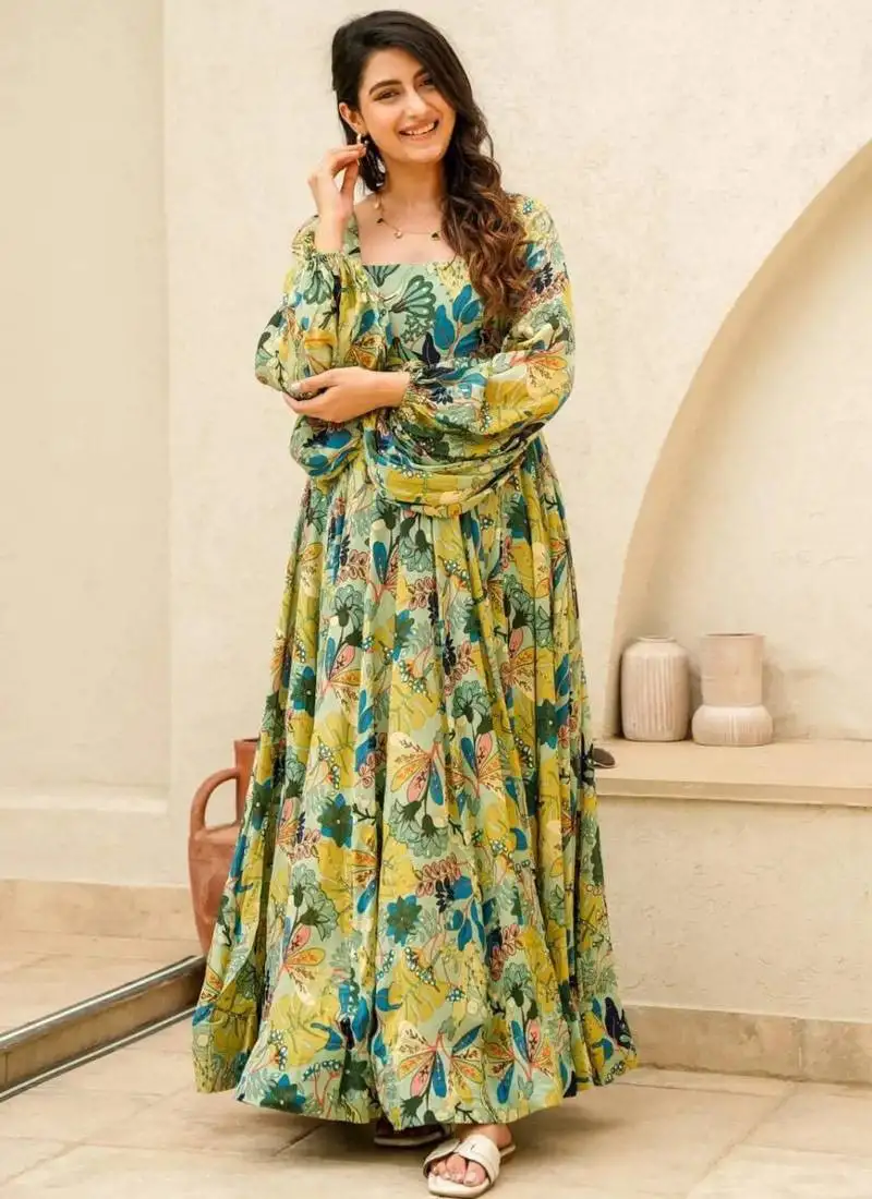 Multicolor printed chinon gown stitched