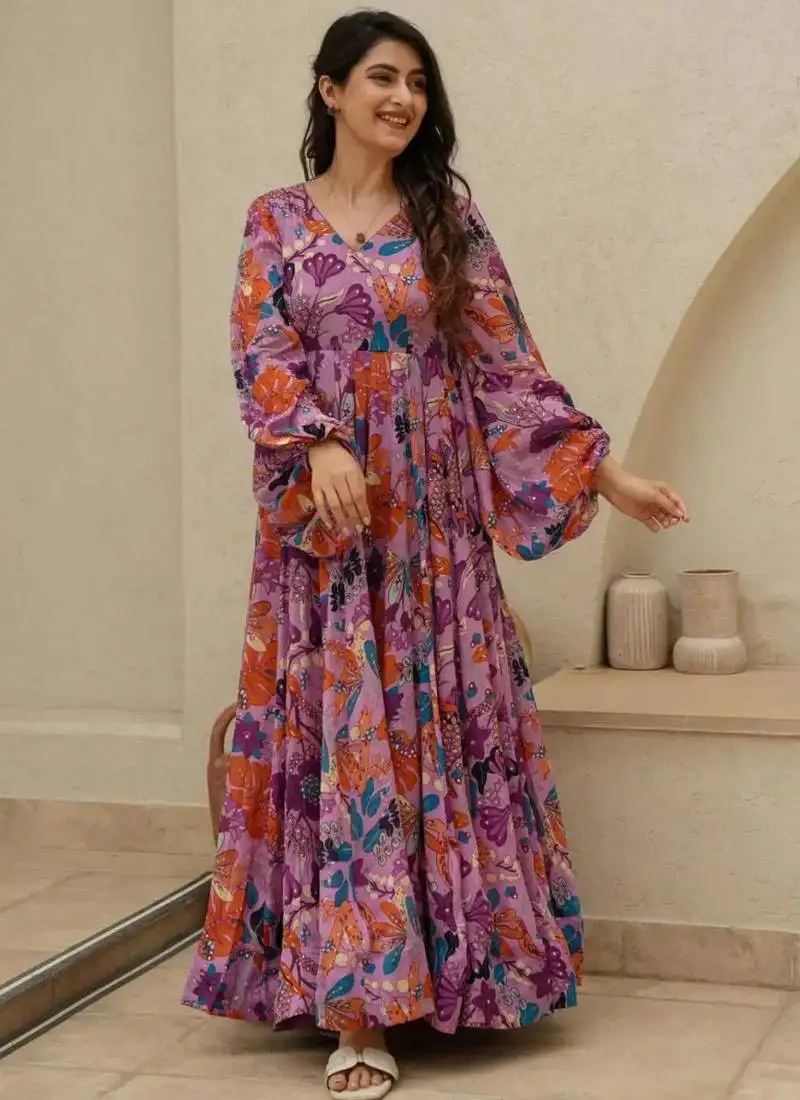 Lavender printed chinon gown stitched