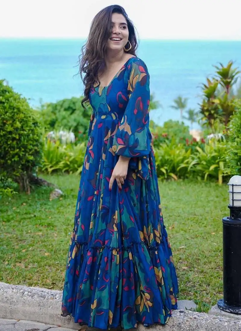 Blue printed chinon gown stitched