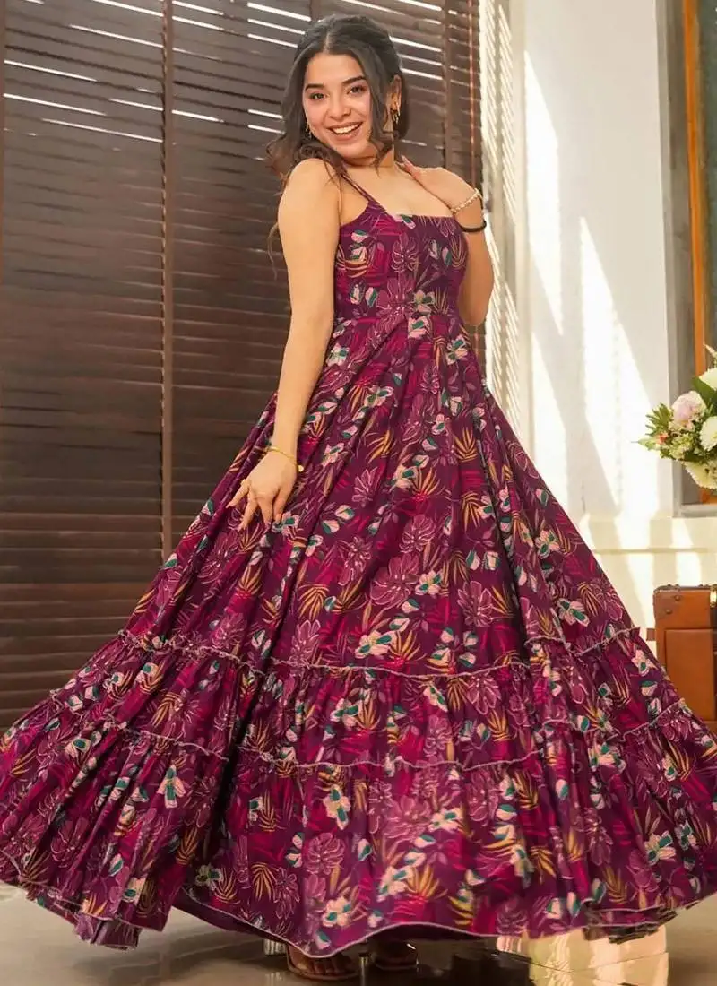 Maroon printed rayon gown stitched