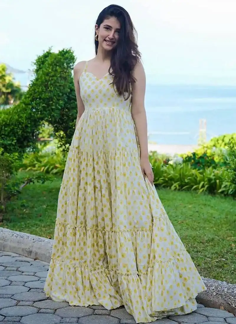 White printed rayon gown stitched