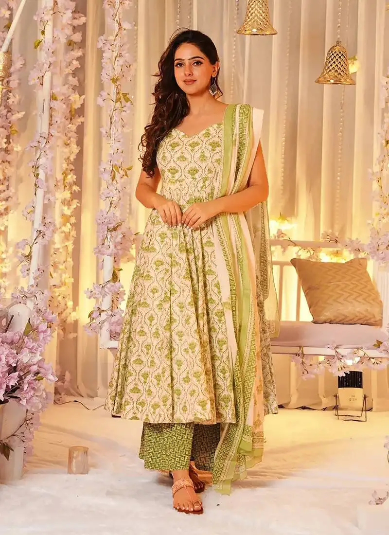 Cream printed muslin palazzo suit stitched