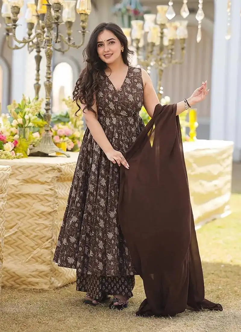 Dark-coffee printed muslin palazzo suit stitched