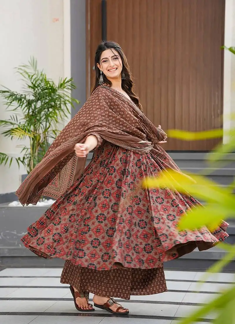 Brown printed muslin palazzo suit stitched