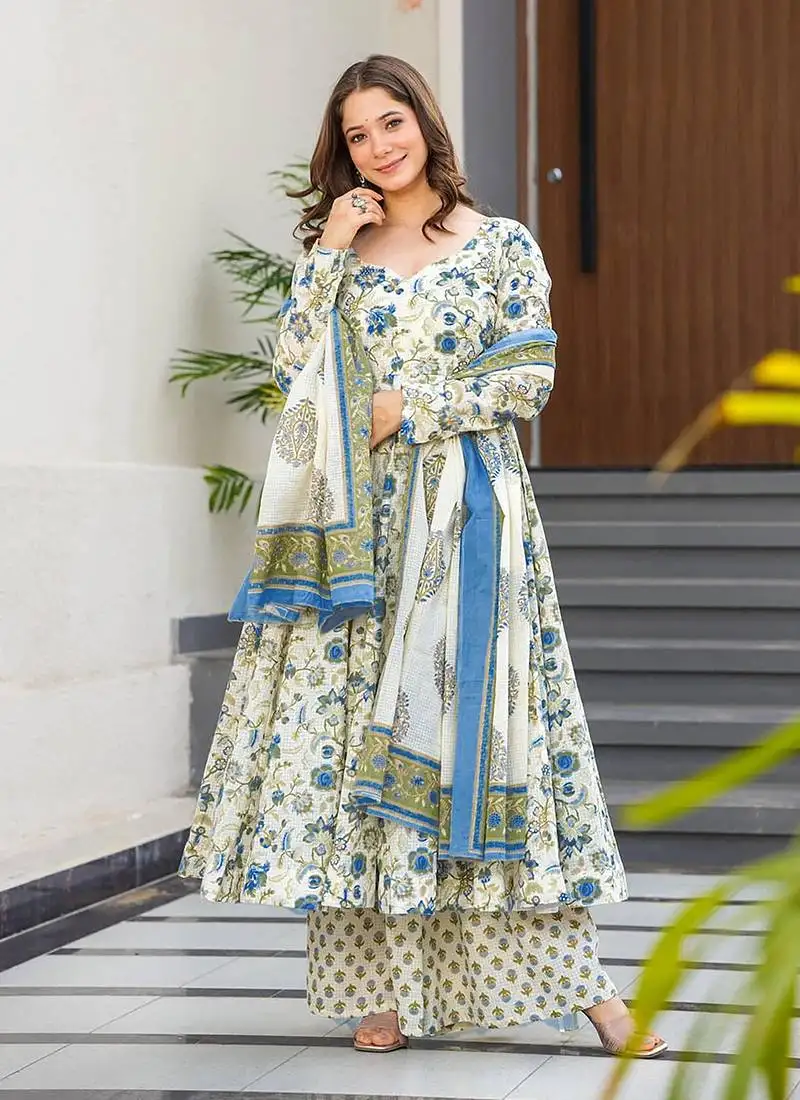 White printed muslin palazzo suit stitched