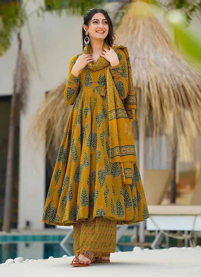 Mustard printed muslin palazzo suit stitched