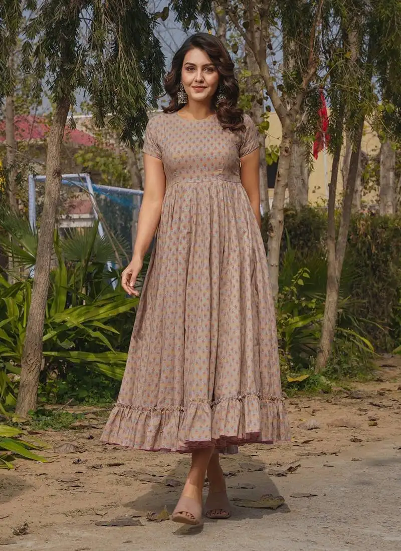 Beige printed rayon gown stitched