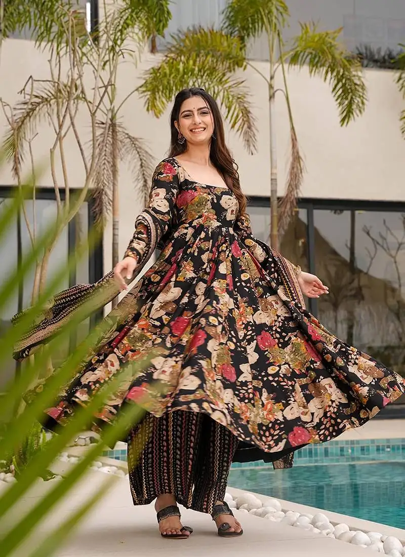 Black printed cottan palazzo suit stitched