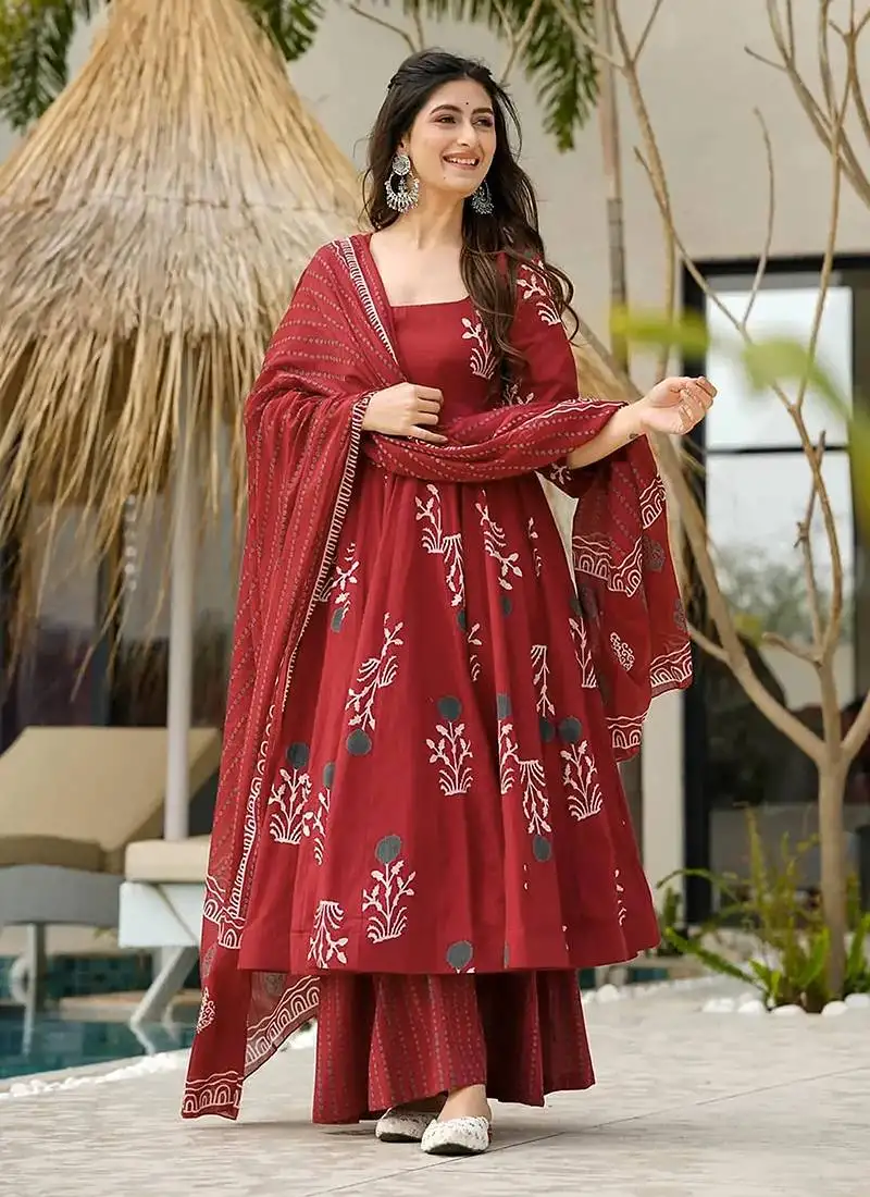 Maroon printed cottan palazzo suit stitched