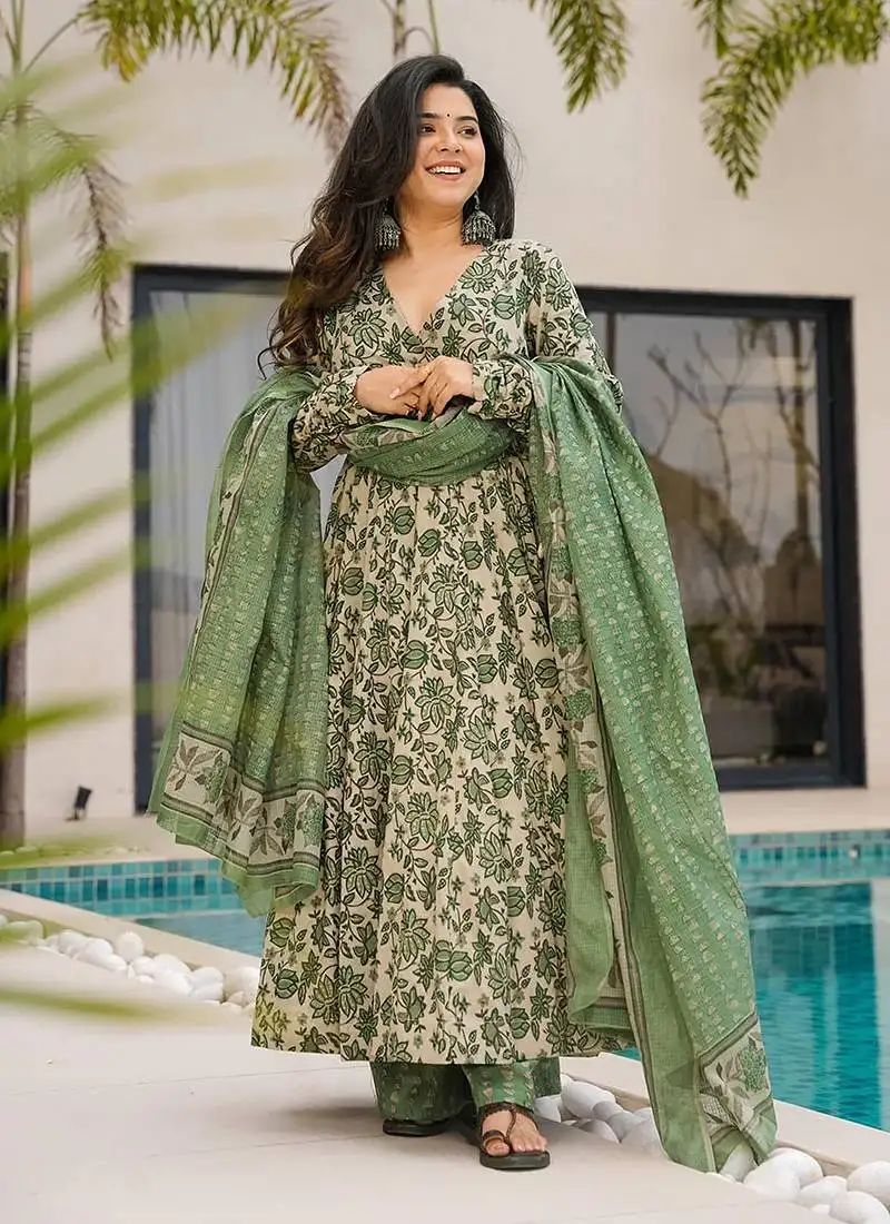 Beige printed cottan palazzo suit stitched