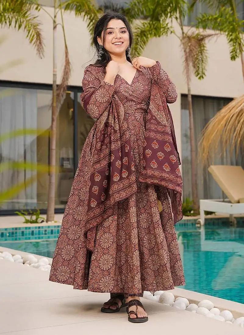 Brown printed cottan palazzo suit stitched