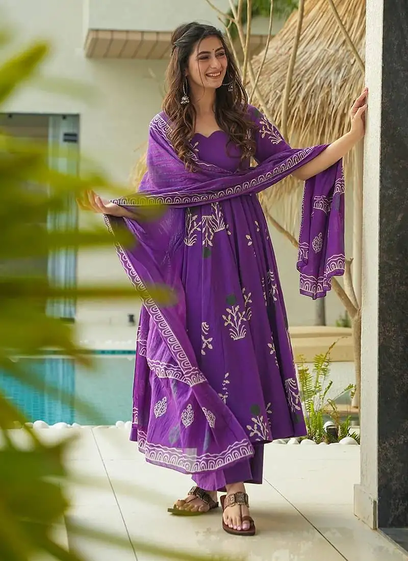 Purple printed cottan palazzo suit stitched