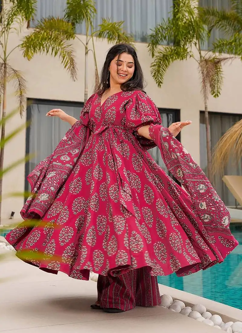 Rani pink printed cottan palazzo suit stitched