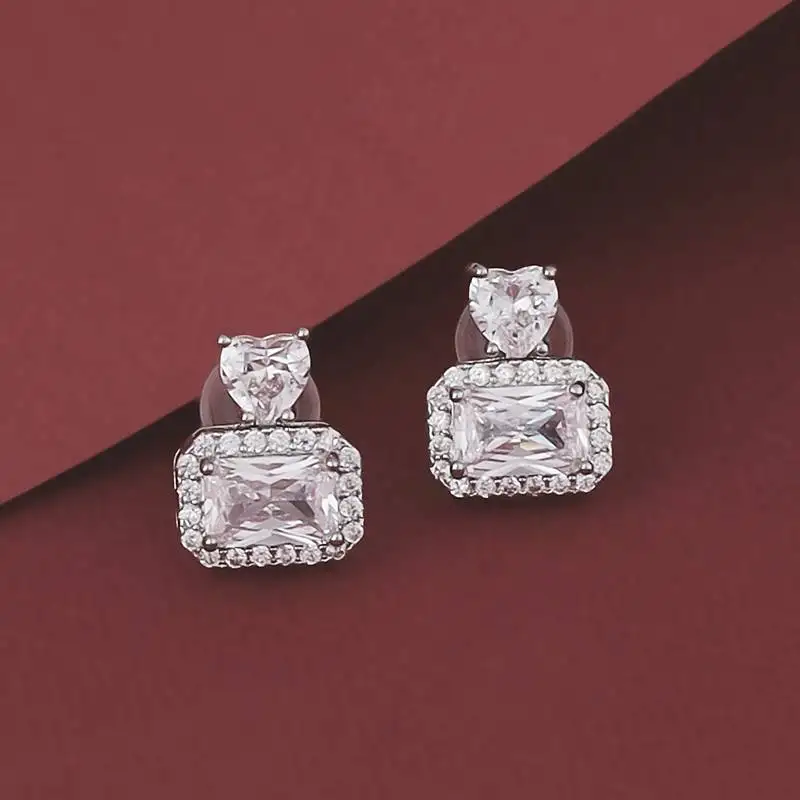 Pretty squire shape studded cz silver plated stud earring for women and girls