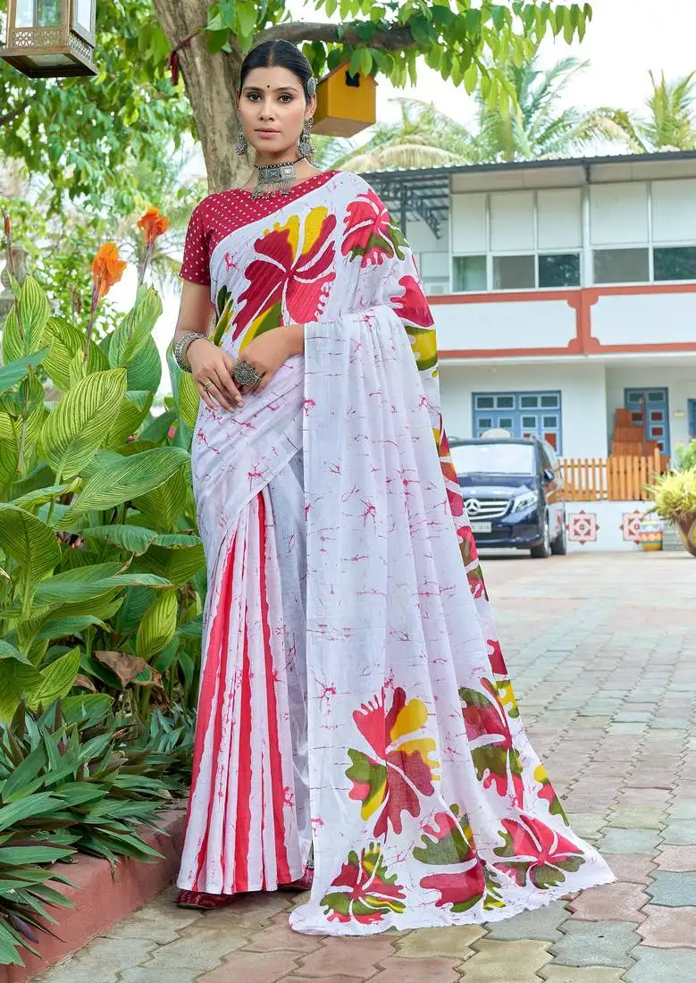 White cotton bagru printed saree with printed blouse piece