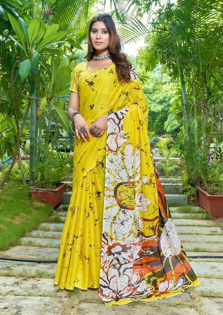 Yellow soft pure cotton bagru printed saree with printed blouse piece