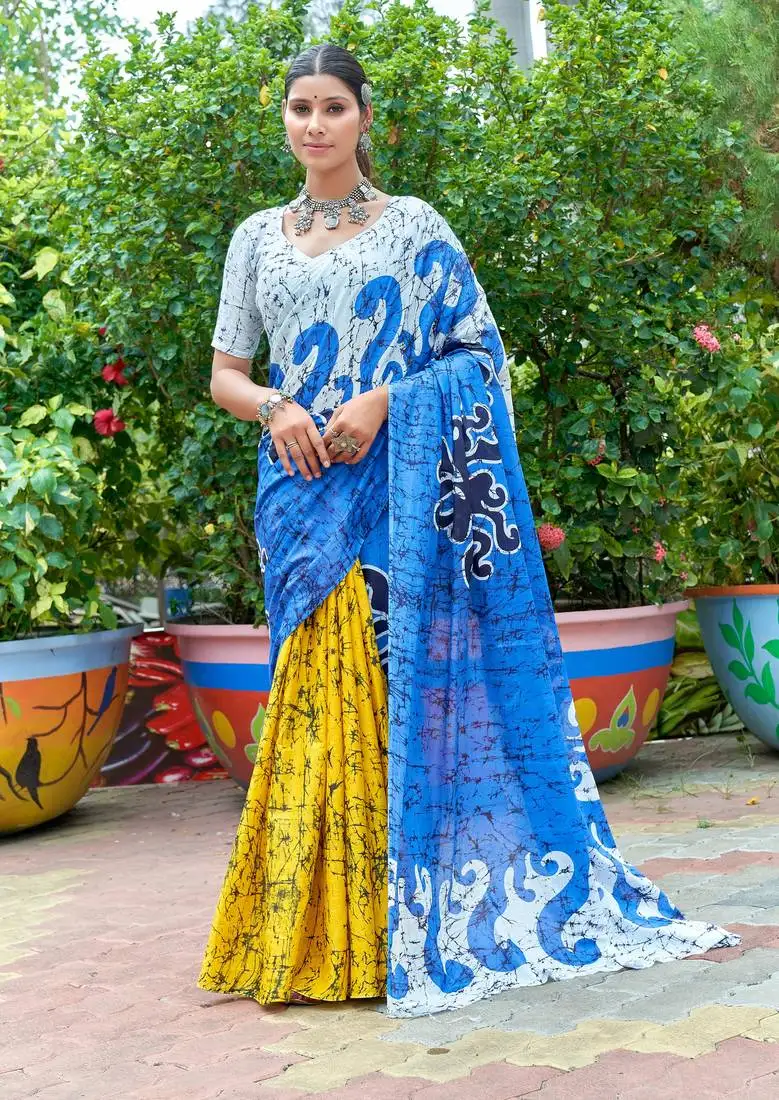 Multi soft pure cotton bagru printed saree with printed blouse piece