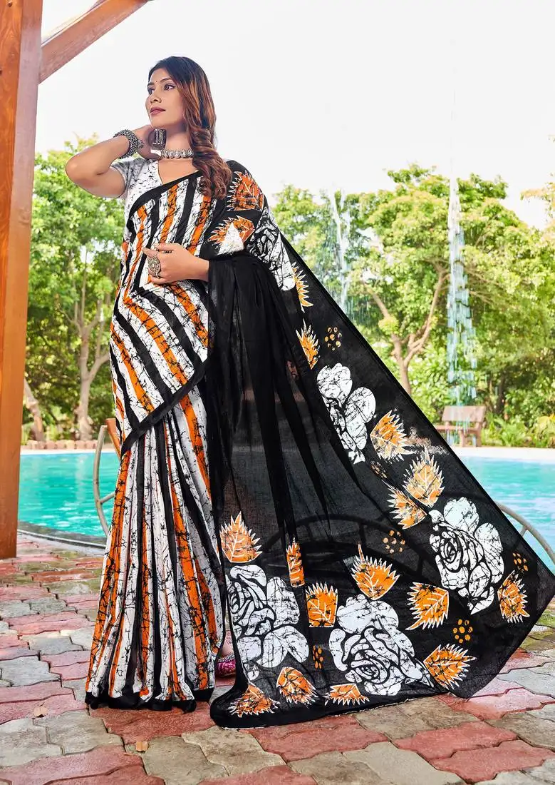 Black cotton bagru printed saree with printed blouse piece