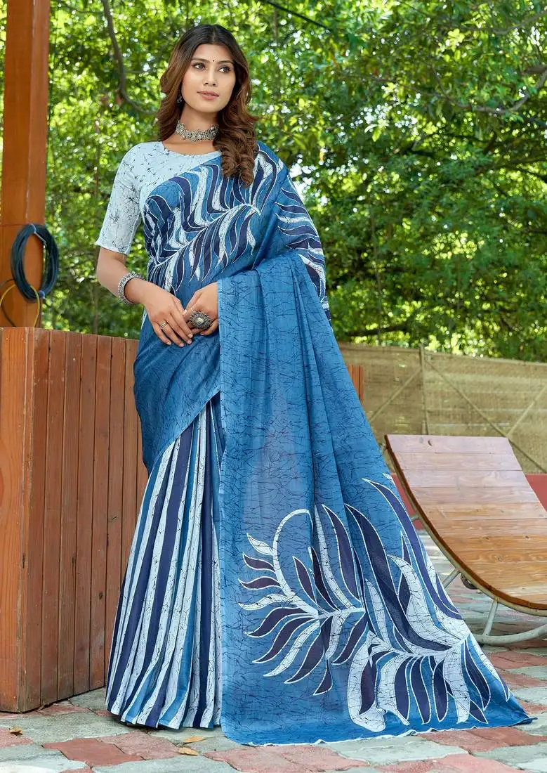 Blue cotton bagru printed saree with printed blouse piece