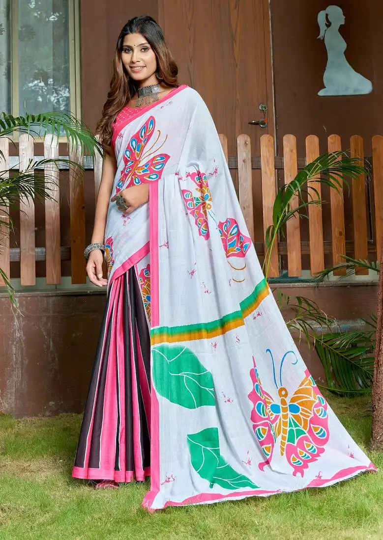 White soft pure cotton bagru printed saree with printed blouse piece