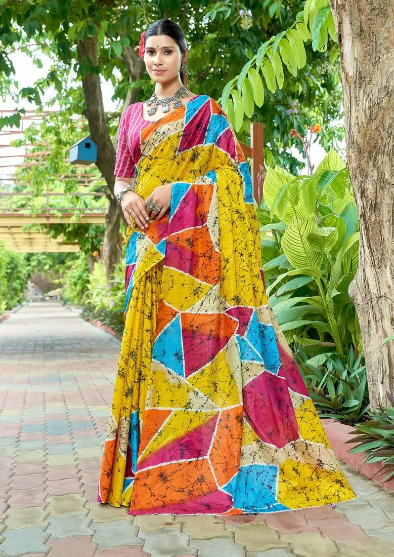 Mustard cotton bagru printed saree with printed blouse piece