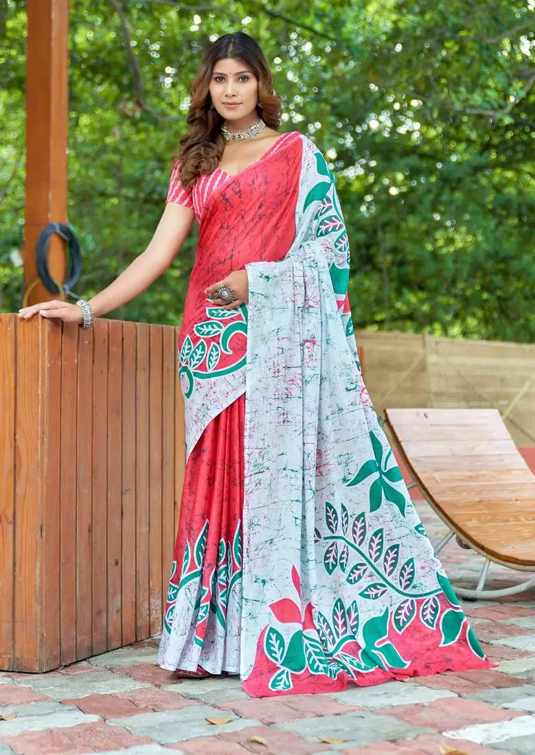 Red cotton bagru printed saree with printed blouse piece