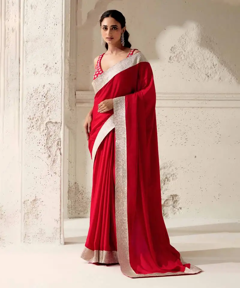 Red silk plain saree with gota edging