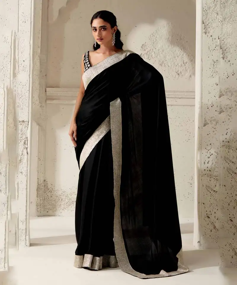 Black silk plain saree with gota edging