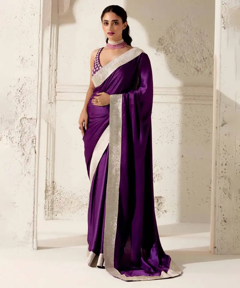 Purple silk plain saree with gota edging