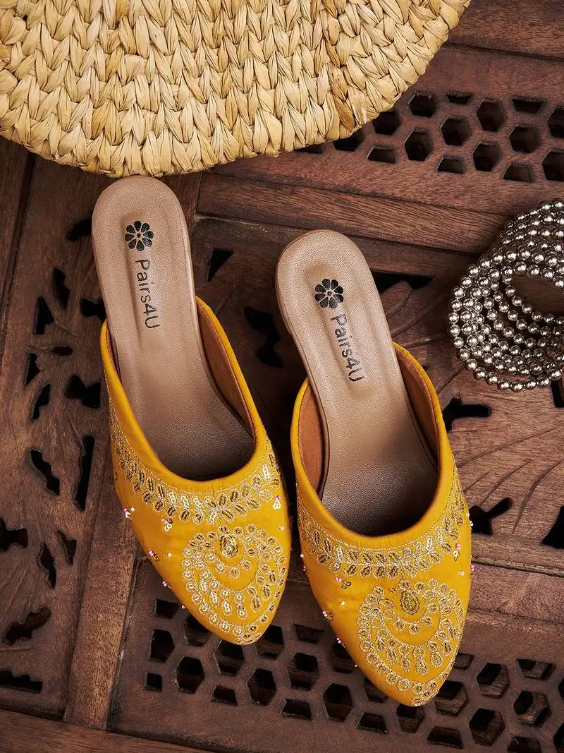 Pairs4u women's mustard embellished slip on block heel