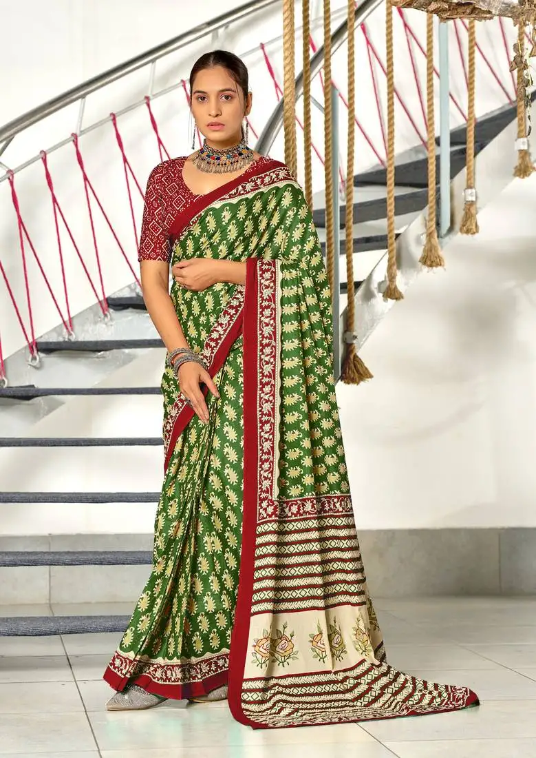 Green cotton pre stitched saree with block print blouse