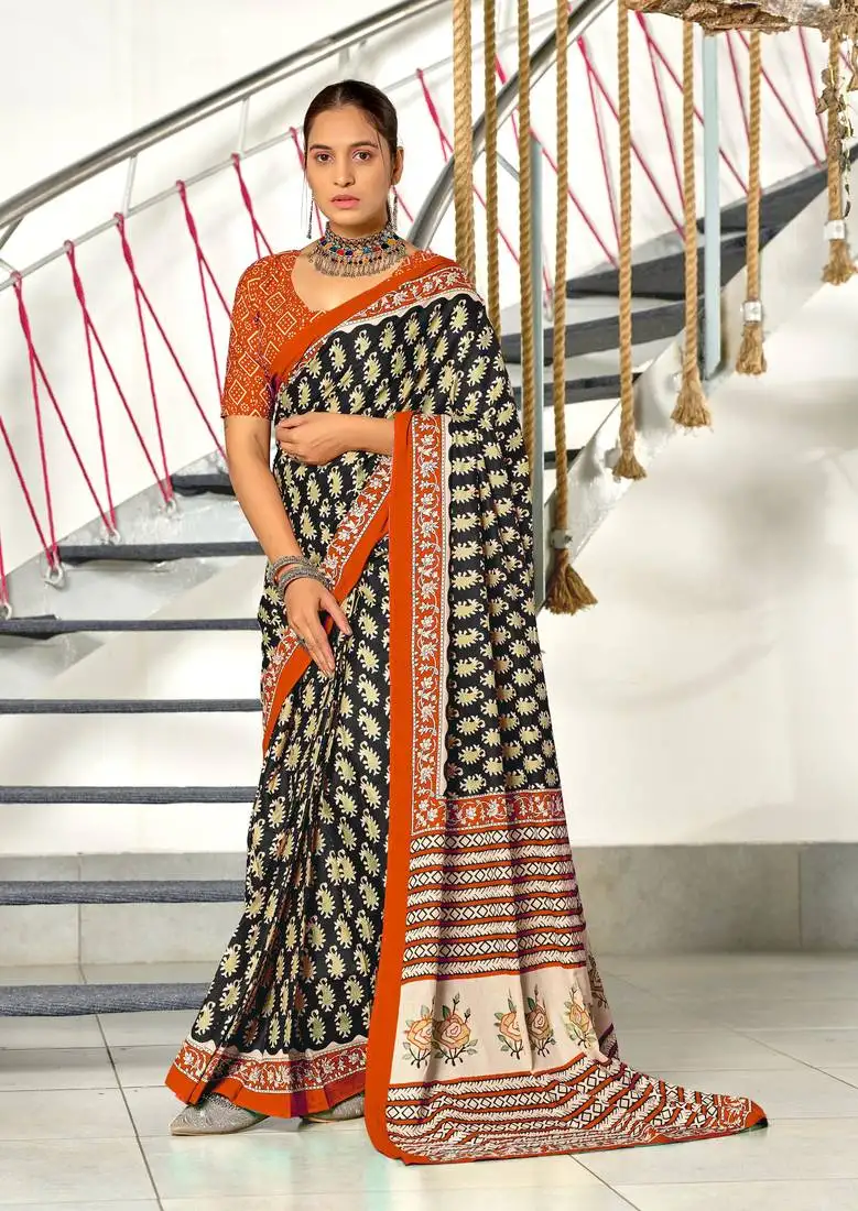 Black cotton pre stitched saree with block print blouse