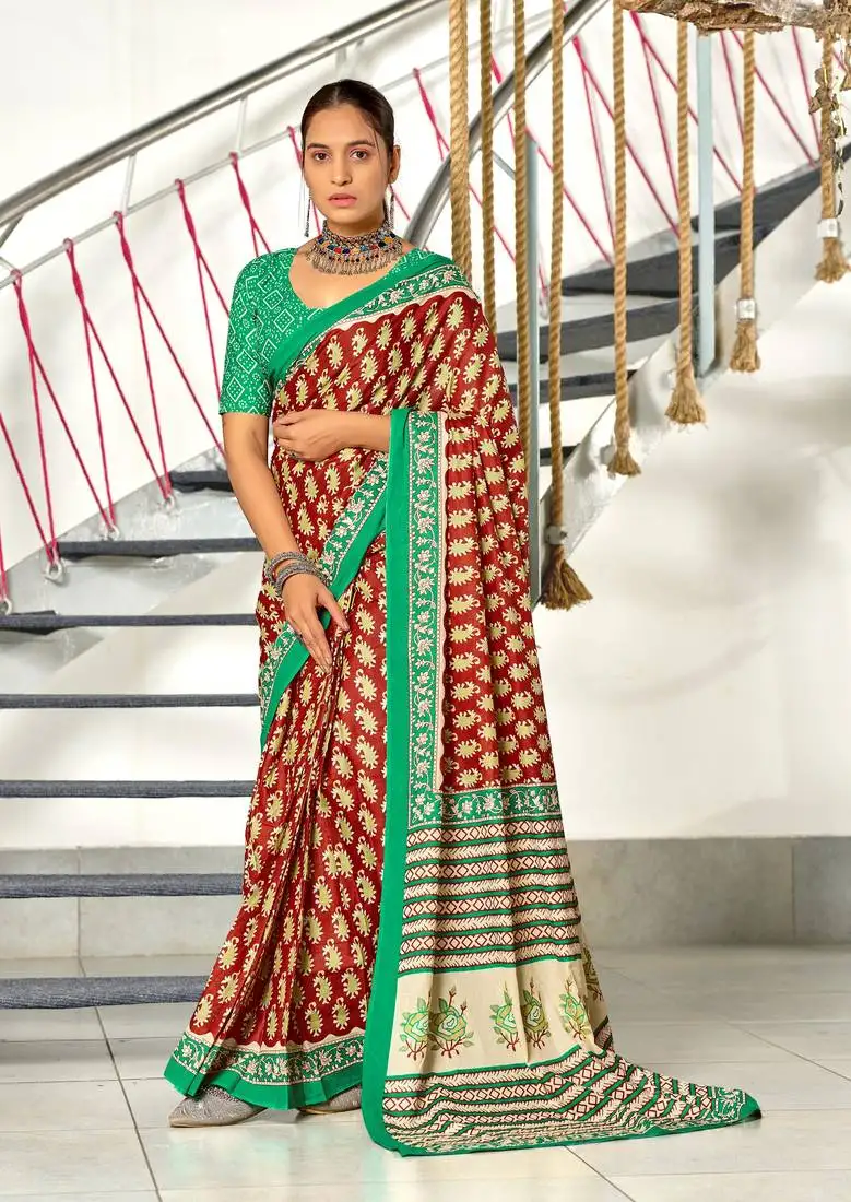 Red cotton pre stitched saree with block print blouse