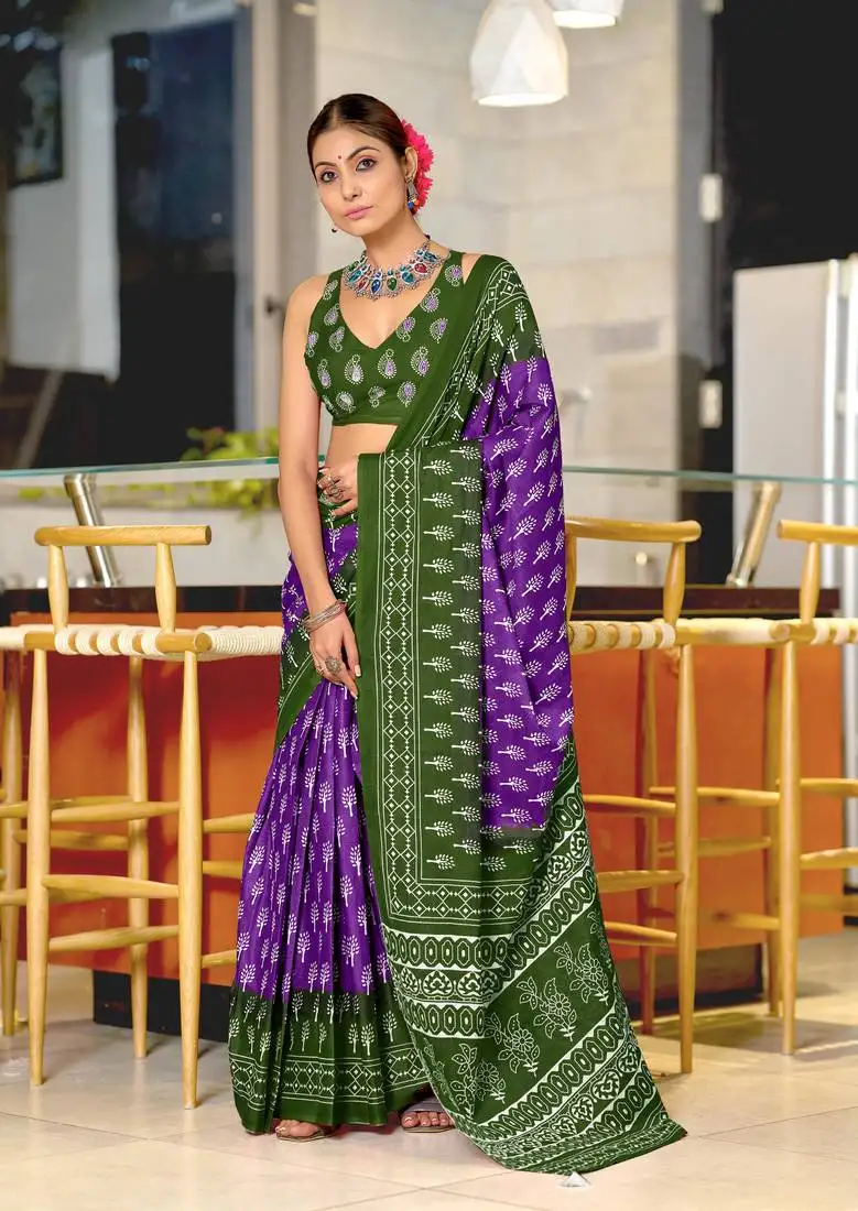 Purple cotton pre stitched saree with block print blouse
