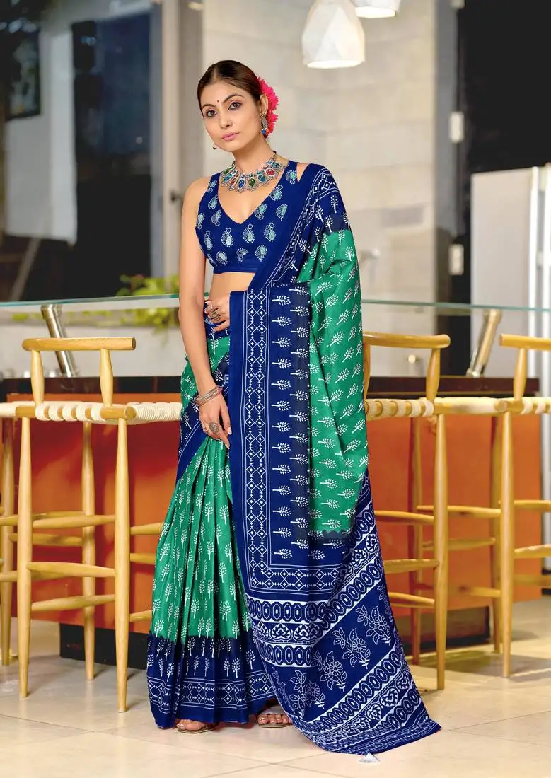 Teal cotton pre stitched saree with block print blouse