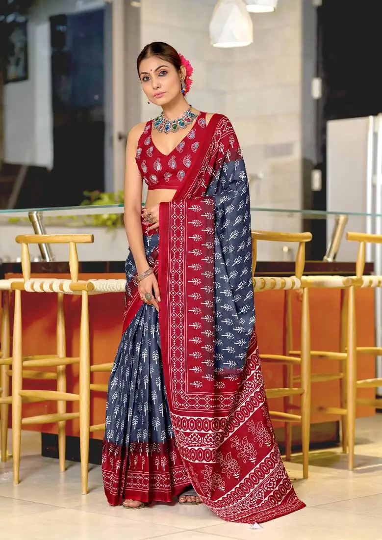 Grey cotton pre stitched saree with block print blouse